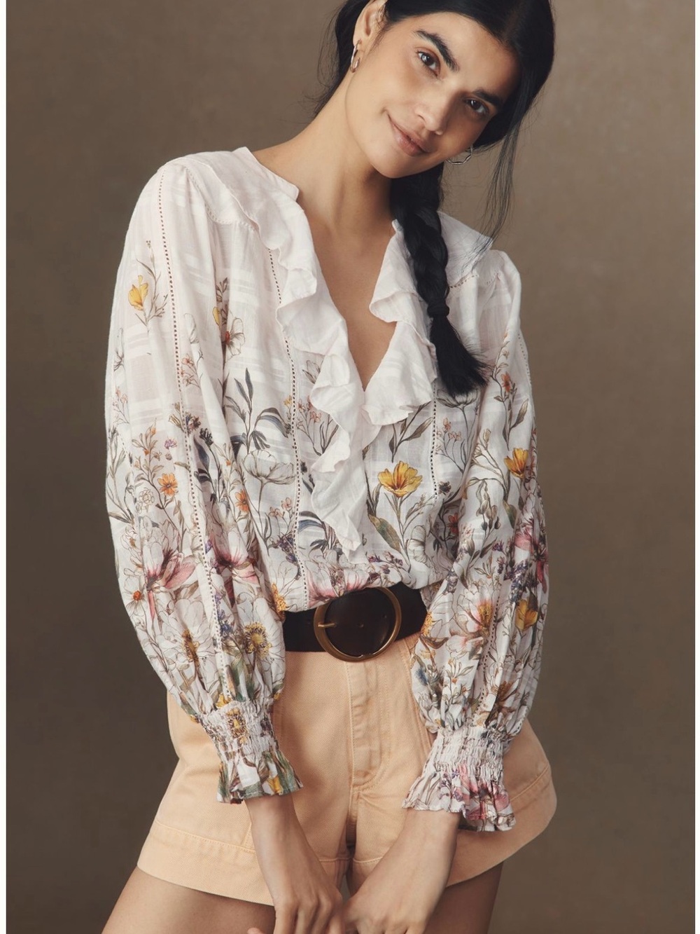 Anthropologie Long Sleeve Ruffled V-Neck Gront Blouse - Multicolor Floral Print
